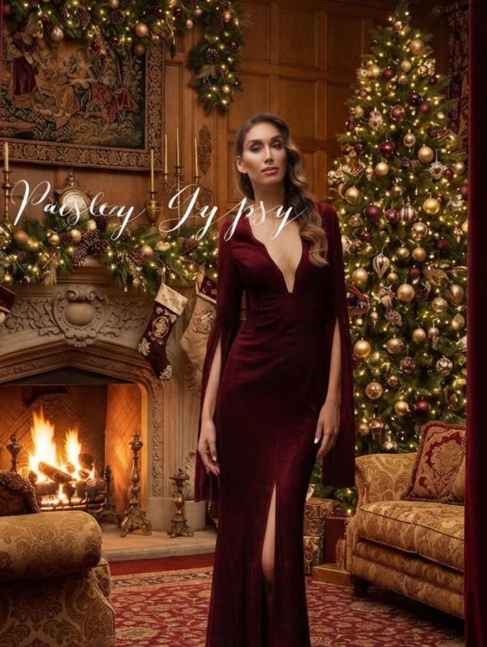 ELEGANT BURGUNDY DEEP V CONTRAST LACE FORMAL GOWN